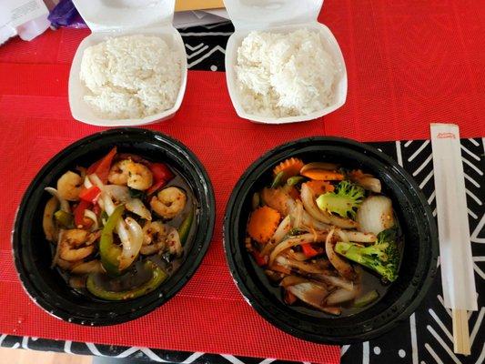 Pad Kapao (Shrimp left & Veggies right)