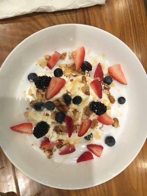 Dessert: Greek yogurt, fresh fruit, walnuts & drizzled honey - delicious! $7