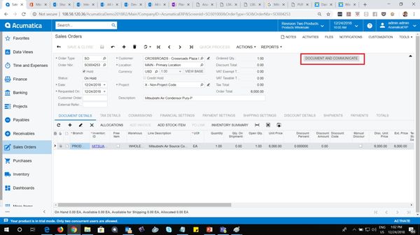 Acumatica Cloud ERP Sales Order screen