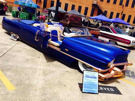 This is our famous blue & copper, stretched 1956 Cadillac Coup deVille dubbed "Blue Streak."