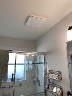 Eric's work--new installation of a ceiling fan in my guest bathroom. Beautiful work and not a bit of dust anywhere.