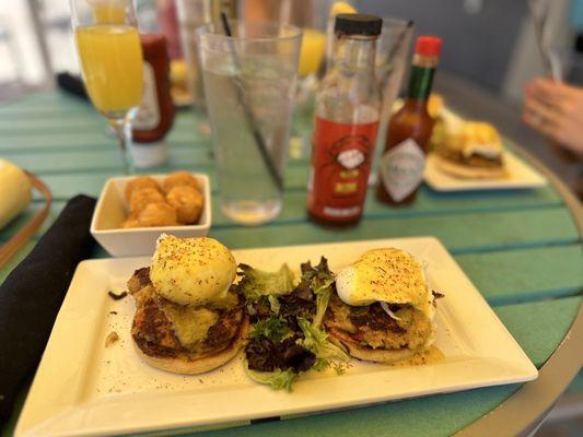 crab cake Benedict with tator tots