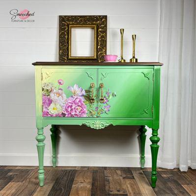 Hand painted Petite buffet in Ombre green paint finish with flowers