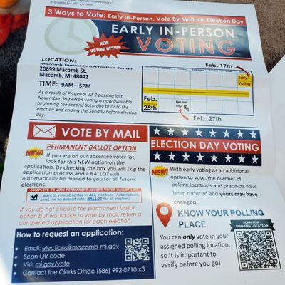 Macomb Township Residents Information I received in mail from Clerk. - 3 Ways To Vote.   2/12/2024