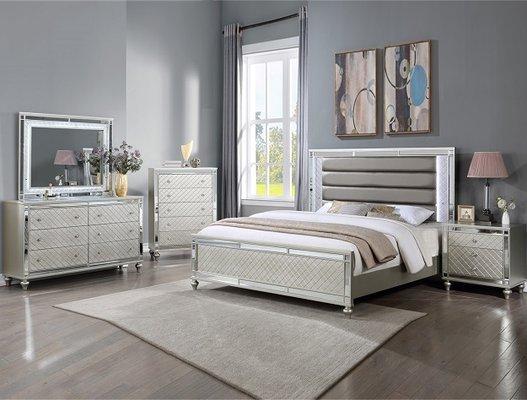 Queen bed with LED light on the headboard, dresser and mirror with LED light, nightstand; the bed is available in different sizes.