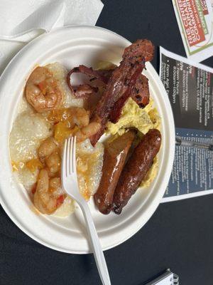 Shrimp and grits, chicken sausage and eggs