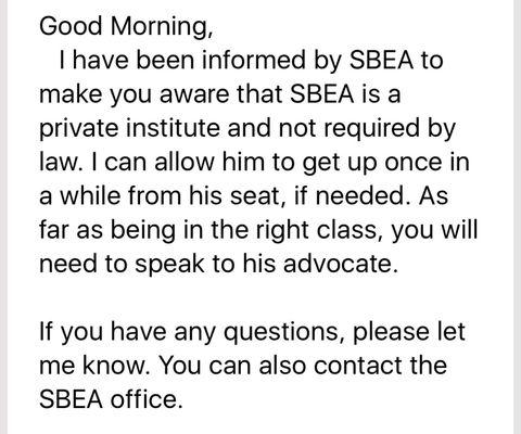 Response from SBEA regarding IEP student accommodations and refund policy.