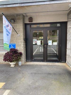 Main Entrance through back parking lot of church