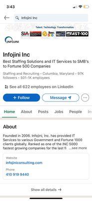 Infojini fraudulent linkedin page.