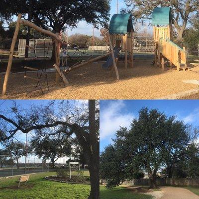 Playscape, tennis court, and track