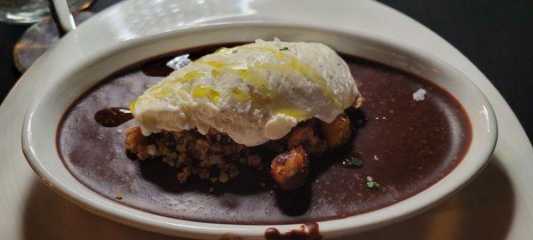 Valrhona Chocolate Panna Cotta with Hazelnut Brown Butter, flaky salt, and EVOO ice cream