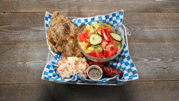 Milanesa and chorizo with Russian salad and House salad