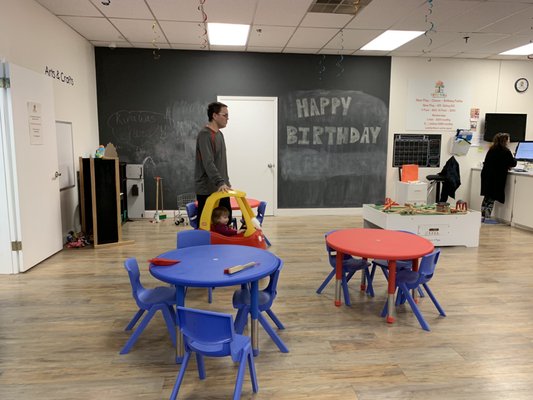 Snack area, toy kitchen and train table