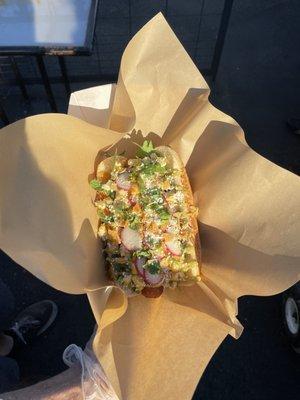 The Mickey Dog which is an elote dog and fantastic!