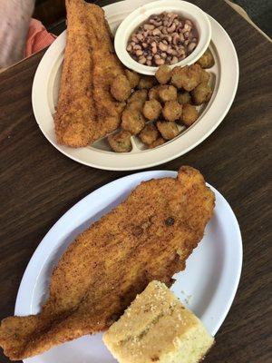 Giant catfish, fried okra, black eyed peas and cornbread. Yummy!