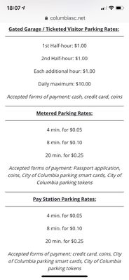 Rates of the different types of parking garages/lots of the City of Columbia. Taylor Street is metered.