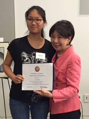 Congresswoman Matsui, congratulates my student, Lisa L. for receiving the Certificate for Special Congressional Recognition May 2015