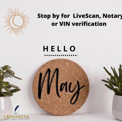 Enjoy the sun of May warm your smile as we complete your live scan, notary or VIN verification in my seasonal porch office! Schedule today!