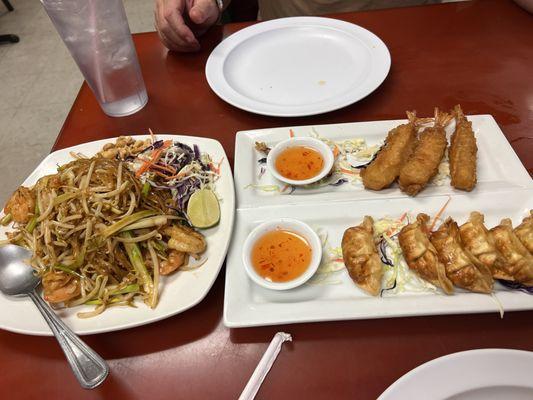 Shrimp Pad Thai, Tempura Shrimp and Fried Pot Stickers.