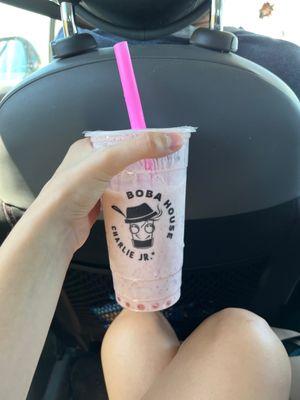 Strawberry milkshake with strawberry popping boba