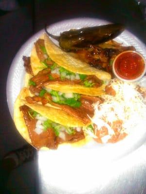 Tacos: Steak, Buche, Lengua, Barbacoa, $4.33
 Tripitas $5.41