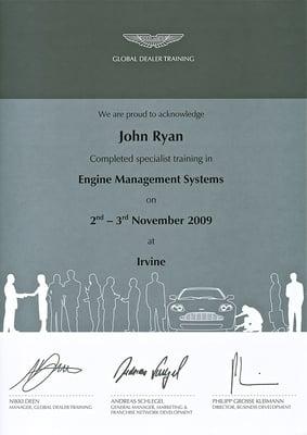 Aston Martin, Global Dealer Training, certificate for specialist training in engine management systems.