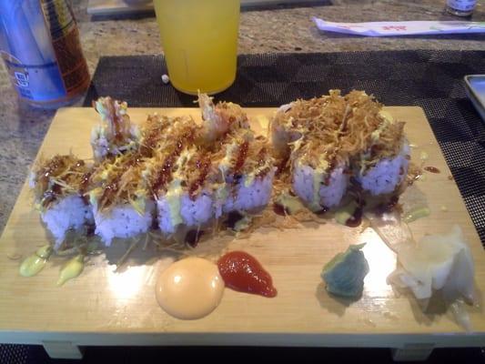 Shrimp tempura and a sweet potato roll.