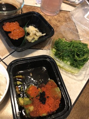 Seaweed Salad, Salmon Caviar, and Tuna Tartar