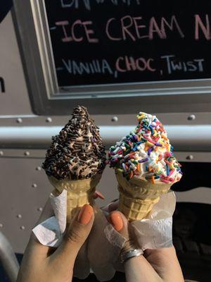 Chocolate and vanilla soft serve cones