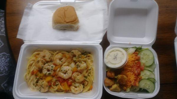 Cajun Shrimp Pasta with side salad and roll