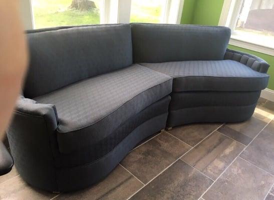 Midcentury sofa reupholstered in HGTV Home Hex Appeal in Zinc