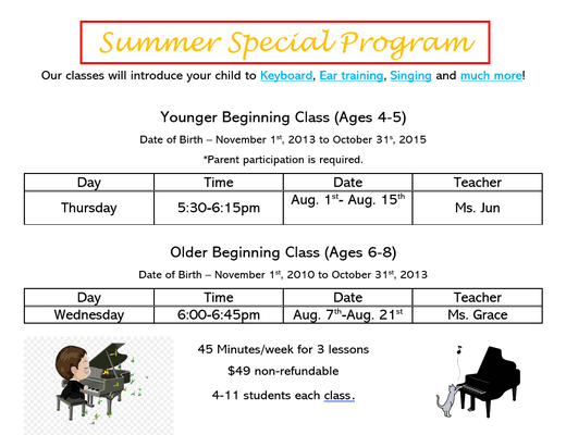 Due to popular demand, we've opened an August session for the Young Beginner Course! Please contact us if you are interested in signing up!