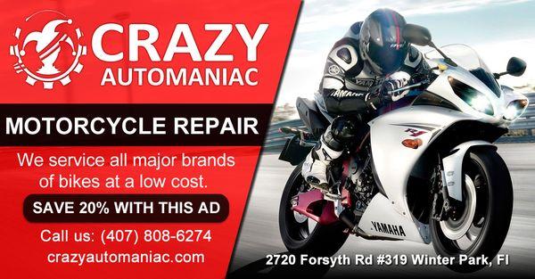 Crazy Automaniac | Motorcycle Repair | All Models | Winter Park, Fl | Get 20% Off