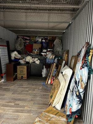 Inside my storage unit. Big Blue Moving did a great job stacking my things in this nice new storage unit.