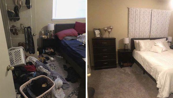 Bedroom cleaning before and after with organization