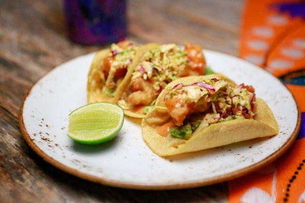 Tacos de Pescado (crispy fluke with habanero slaw)