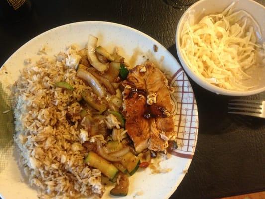 Teriyaki salmon with fried rice.