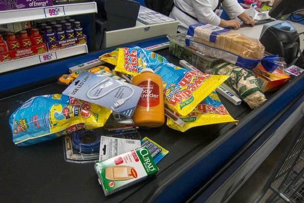 My $19 worth of stuff. The four bags of Swedish fish are for the office candy pool. Honest.