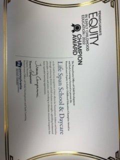 LifeSpan is awarded the PA  Equity in ECE award! 1 of only 7 in the state.