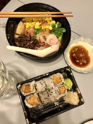 Seared chicken ramen and spicy crunch salmon roll