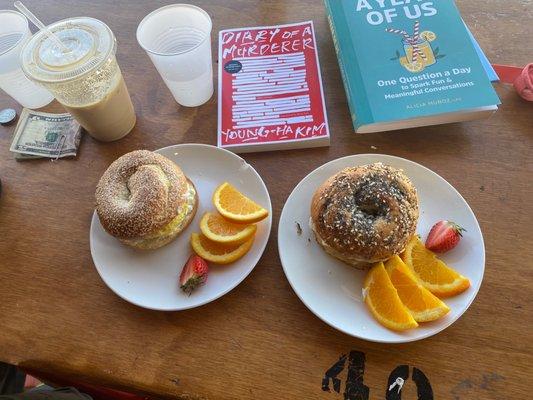 chorizo & goat cheese & egg on a sesame and everything bagel