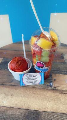 Fresh Fruit Cups, A Scoop of Shaved Watermelon Ice.