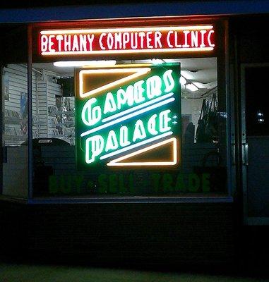 Nice neon signs hanging in the front window.