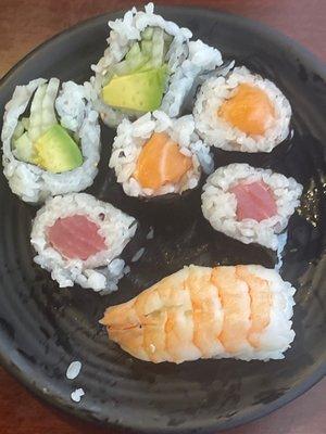 Salmon rolls,avocado rolls,one piece shrimp