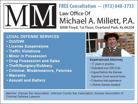 Criminal Defense Attorney Michael Millett. Call 913-648-3733 if you've been charged in Kansas with DUI, DWI, MIP, or Possession