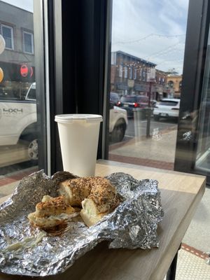 Everything bagel and scallion cream cream cheese + Afficionado Coffee