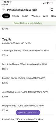 Price list for tequila