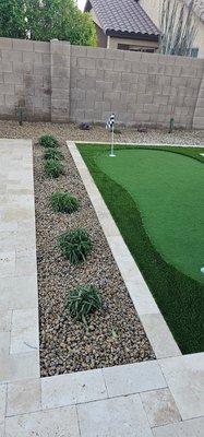 Finished, a very nice backyard with desert plants, rocks, planter, Turf and Golf.