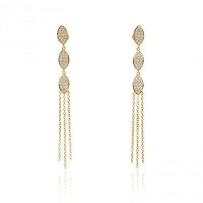 14K YELLOW GOLD THREE LEAF TRIPLE CHAIN DROP DIAMOND FASHION EARRINGS