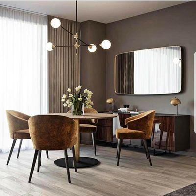 Clean and it's warming. Colors of wood floor along with lacquer credenza, fabric textures and walls. Wowzer!